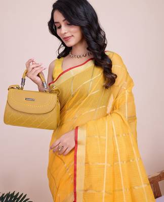 yellow chanderi printed saree with blouse 3