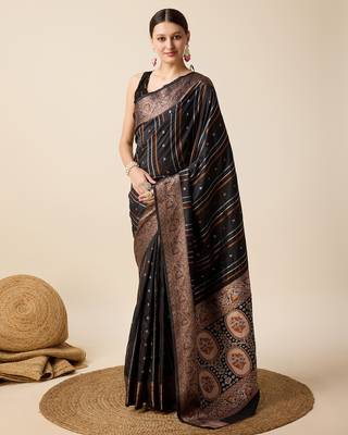 black silk blend printed saree with blouse 1