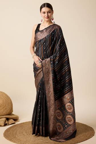 black silk blend printed saree with blouse