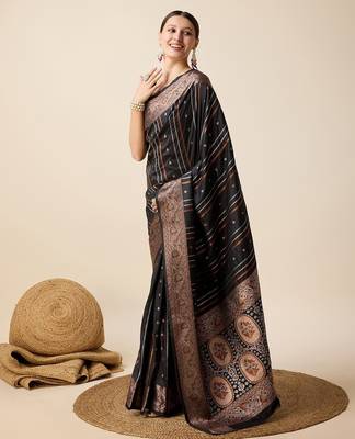 black silk blend printed saree with blouse 2