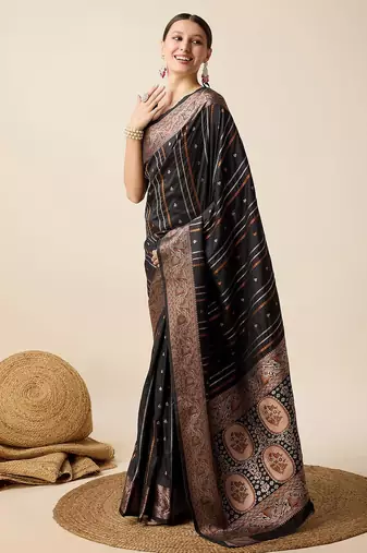 black silk blend printed saree with blouse