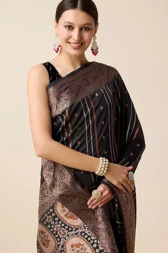 black silk blend printed saree with blouse