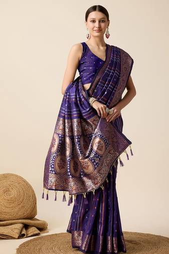 blue silk blend printed saree with blouse