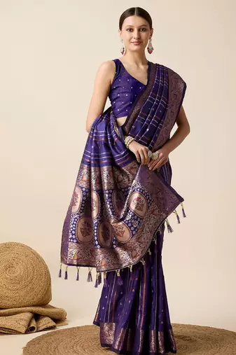 blue silk blend printed saree with blouse