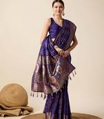 blue silk blend printed saree with blouse