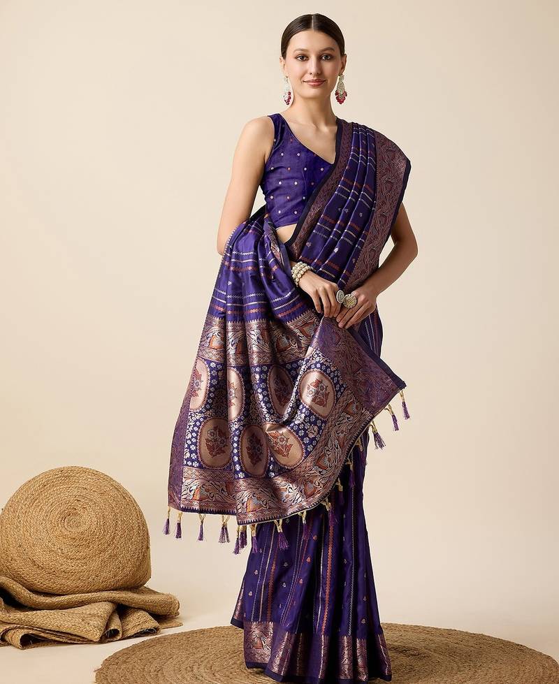 blue silk blend printed saree with blouse