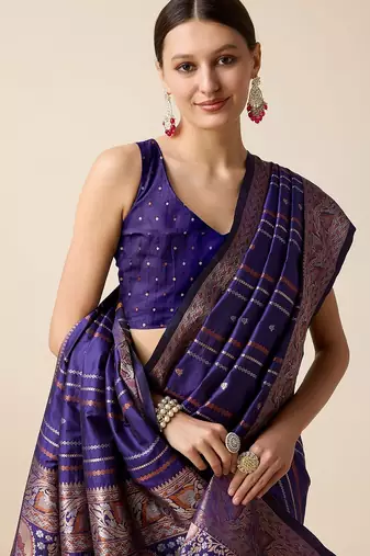 blue silk blend printed saree with blouse
