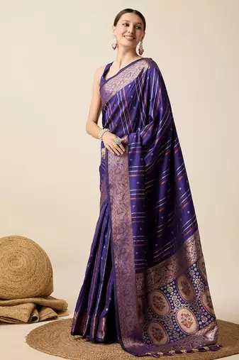 blue silk blend printed saree with blouse