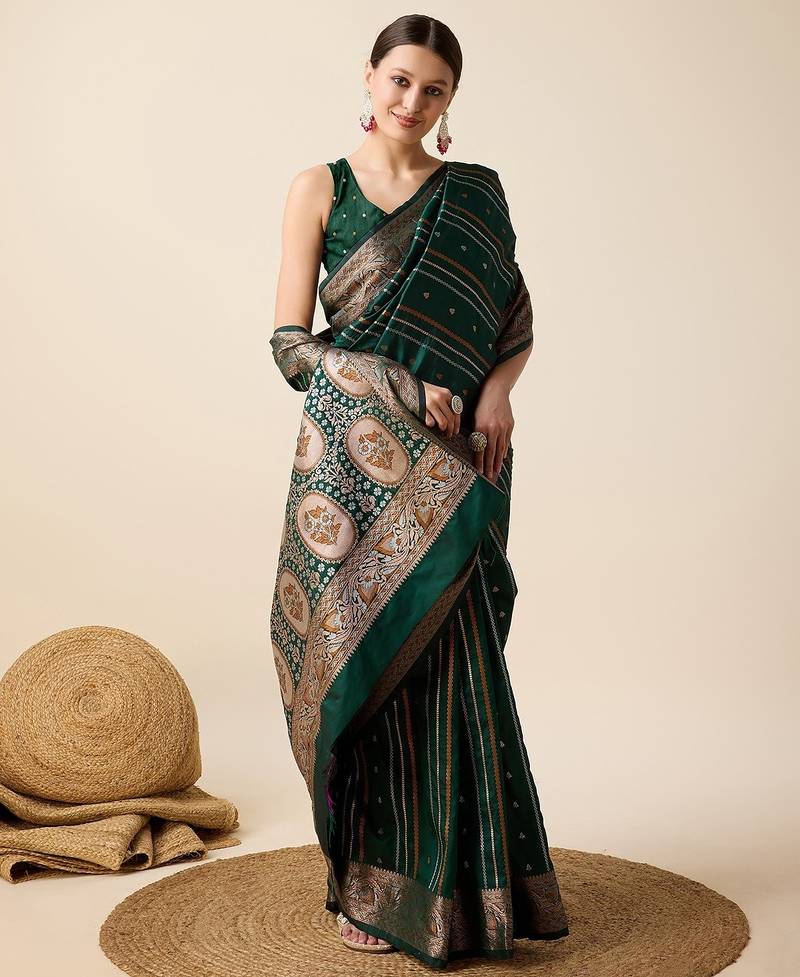 green silk blend printed saree with blouse