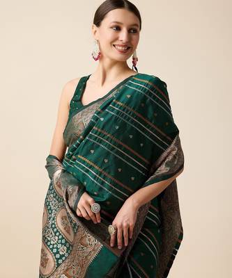 green silk blend printed saree with blouse 2