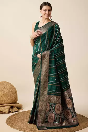 green silk blend printed saree with blouse
