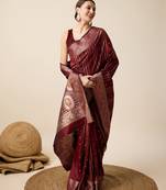 maroon silk blend printed saree with blouse
