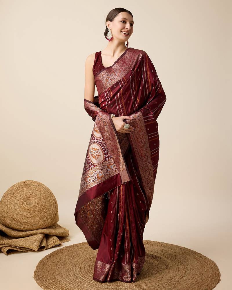 maroon silk blend printed saree with blouse