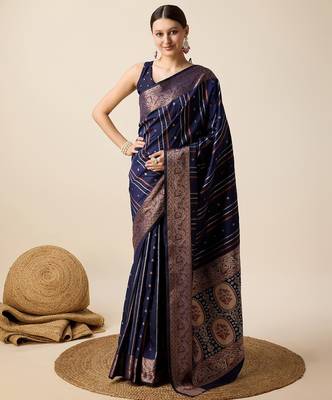 navy blue silk blend printed saree with blouse 1