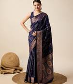 navy blue silk blend printed saree with blouse