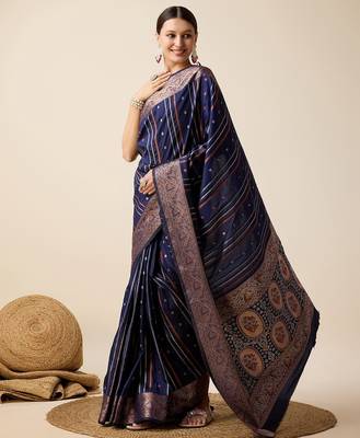 navy blue silk blend printed saree with blouse 2