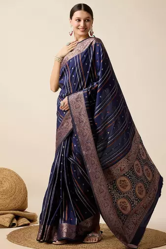 navy blue silk blend printed saree with blouse
