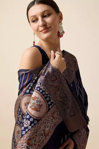 navy blue silk blend printed saree with blouse