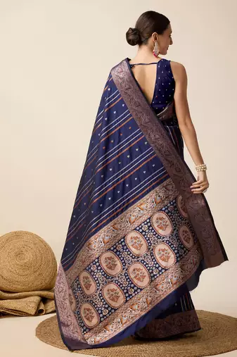 navy blue silk blend printed saree with blouse