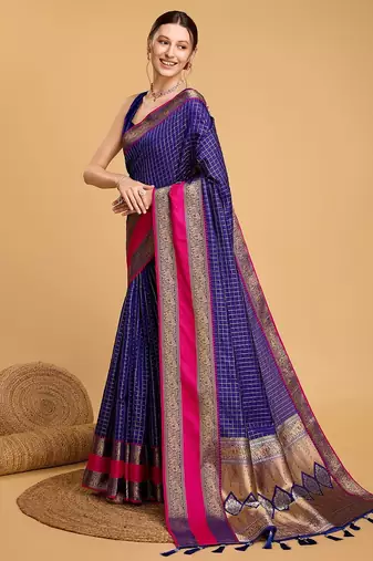 navy blue silk blend printed saree with blouse