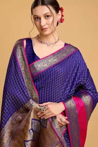 navy blue silk blend printed saree with blouse