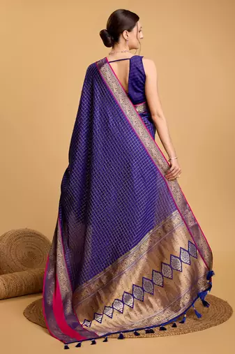 navy blue silk blend printed saree with blouse
