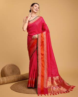 pink silk blend printed saree with blouse 1