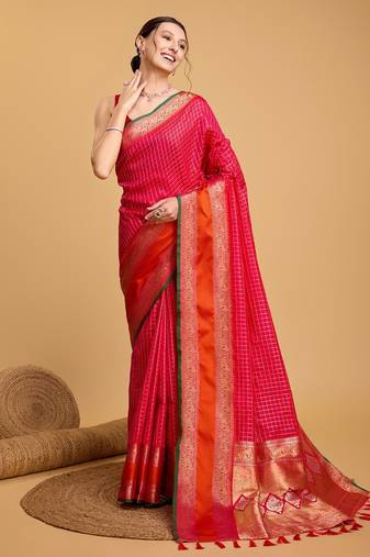 pink silk blend printed saree with blouse