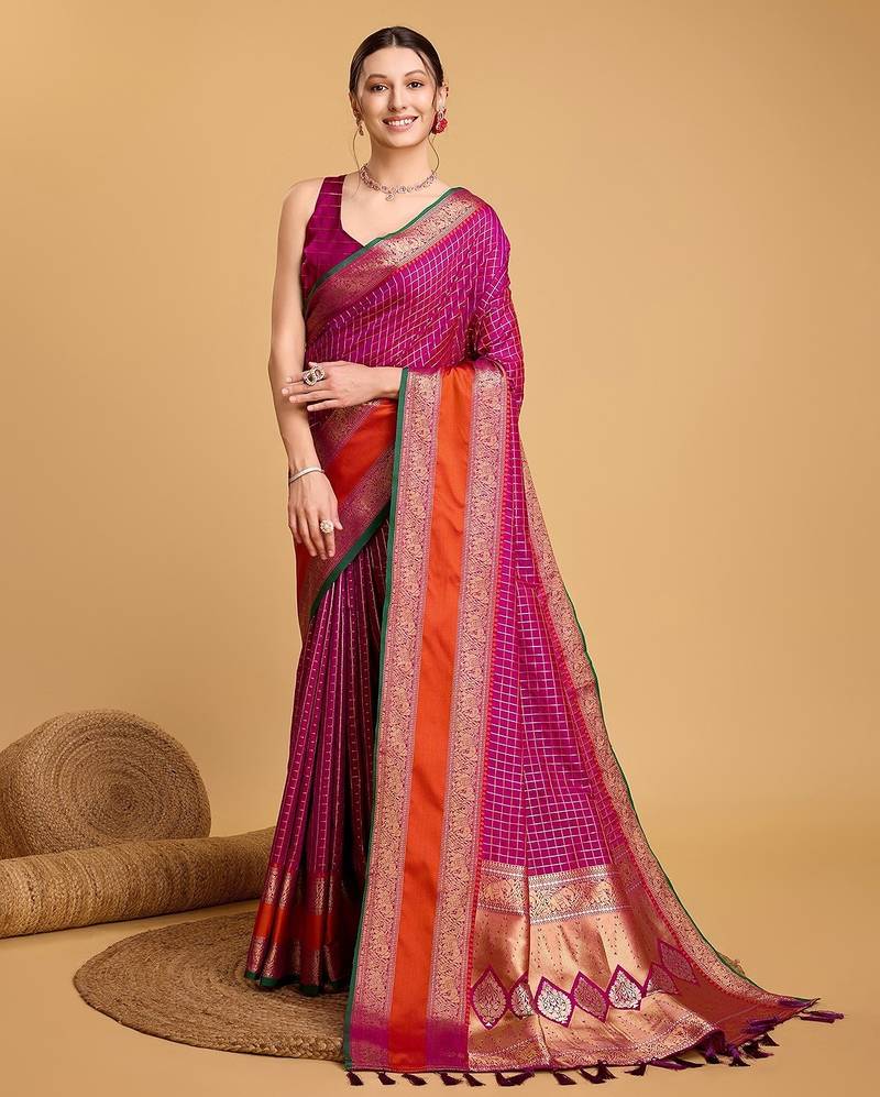 purple silk blend printed saree with blouse