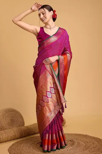 purple silk blend printed saree with blouse