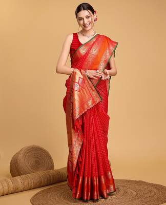 red silk blend printed saree with blouse 1