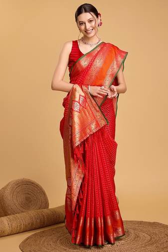 red silk blend printed saree with blouse