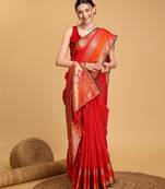 red silk blend printed saree with blouse
