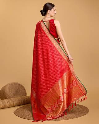red silk blend printed saree with blouse 3