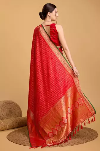 red silk blend printed saree with blouse