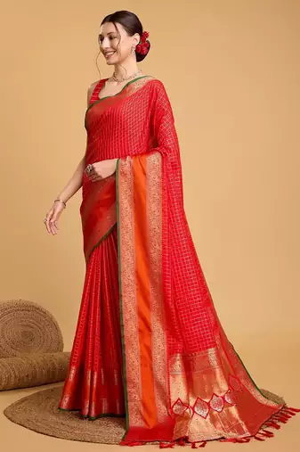 red silk blend printed saree with blouse