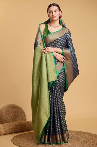 navy blue silk blend printed saree with blouse