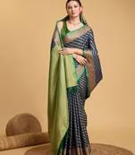 navy blue silk blend printed saree with blouse