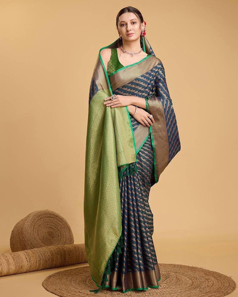 navy blue silk blend printed saree with blouse