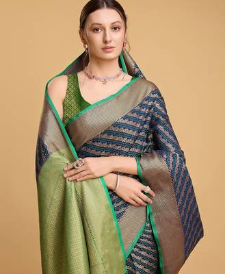 navy blue silk blend printed saree with blouse 2