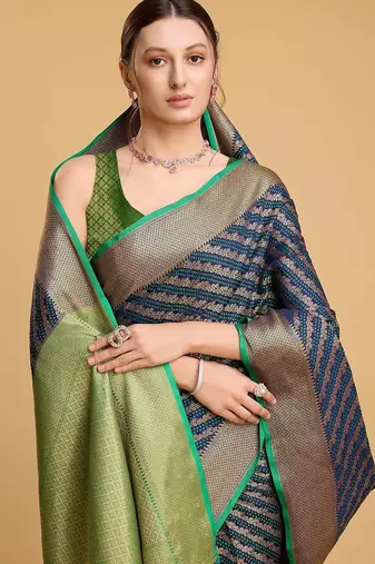 navy blue silk blend printed saree with blouse