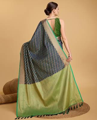 navy blue silk blend printed saree with blouse 3