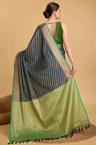 navy blue silk blend printed saree with blouse