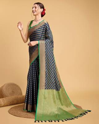 navy blue silk blend printed saree with blouse 5