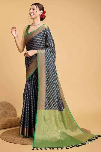 navy blue silk blend printed saree with blouse