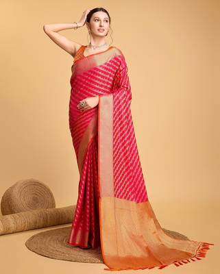 pink silk blend printed saree with blouse 1