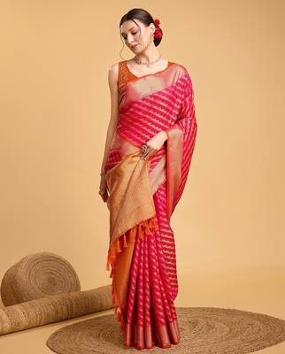 pink silk blend printed saree with blouse 2
