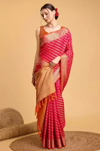 pink silk blend printed saree with blouse