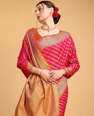 pink silk blend printed saree with blouse 3