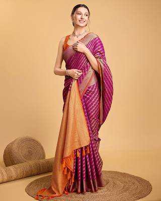purple silk blend printed saree with blouse 2